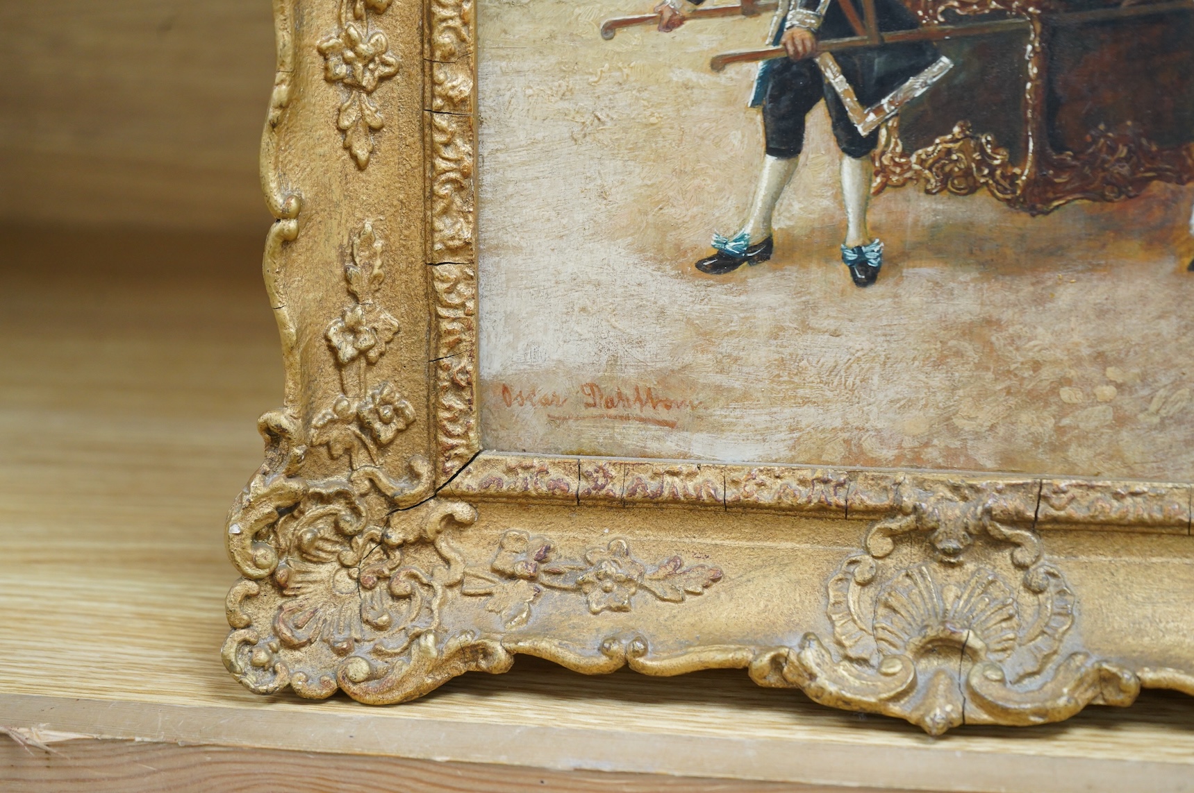 Oscar Dahlam, ‘The Sedan Chair’, signed, label verso, oil on board, ornate gilt frame, 31 x 23cm